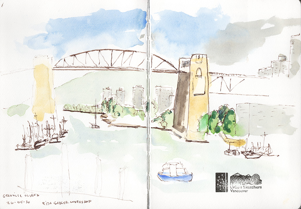 Ink and watercolor sketch of Granville Island and Burrard Bridge, with the bridge spanning the upper half of an open sketchbook above a marina, boats, trees, and distant buildings. The page is dated May 30, 2026, and includes the Urban Sketchers Vancouver logo.
