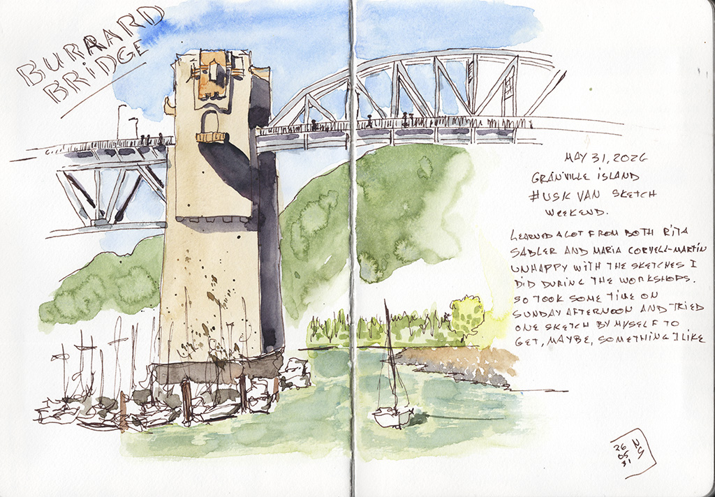 Ink and watercolor sketch of Burrard Bridge from the water, with its stone tower, steel truss span, boats, shoreline, and handwritten notes about the Granville Island Urban Sketchers workshop weekend. The page is dated May 31, 2026.