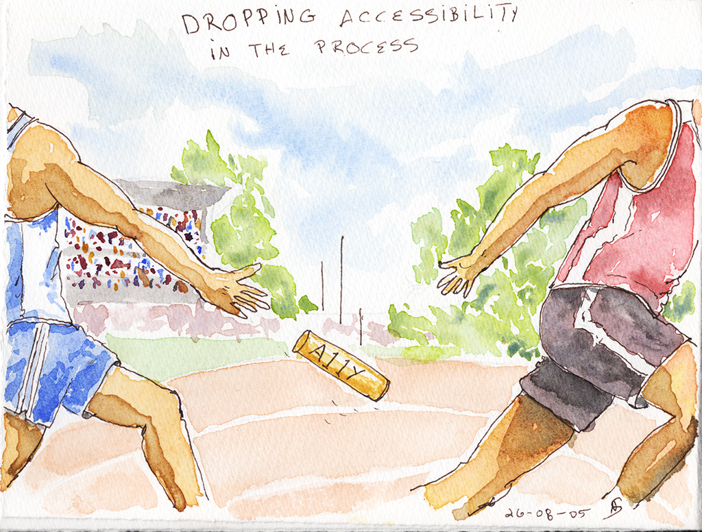 Ink and watercolor illustration of two relay racers reaching toward a small yellow baton labeled “A11Y” as it falls between them, with the heading “Dropping accessibility in the process.”
