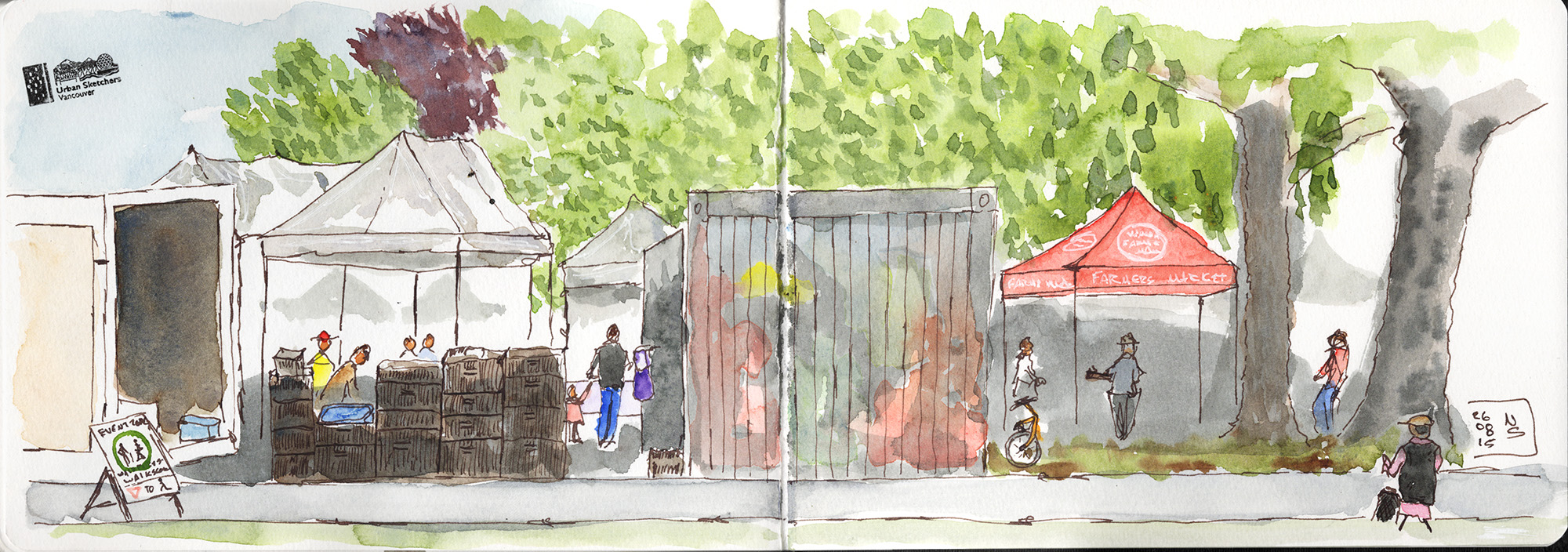 Wide ink and watercolor panorama of a public market with tents, produce crates, a large glass structure, a red food tent, trees, and several people, including a child on a bicycle.