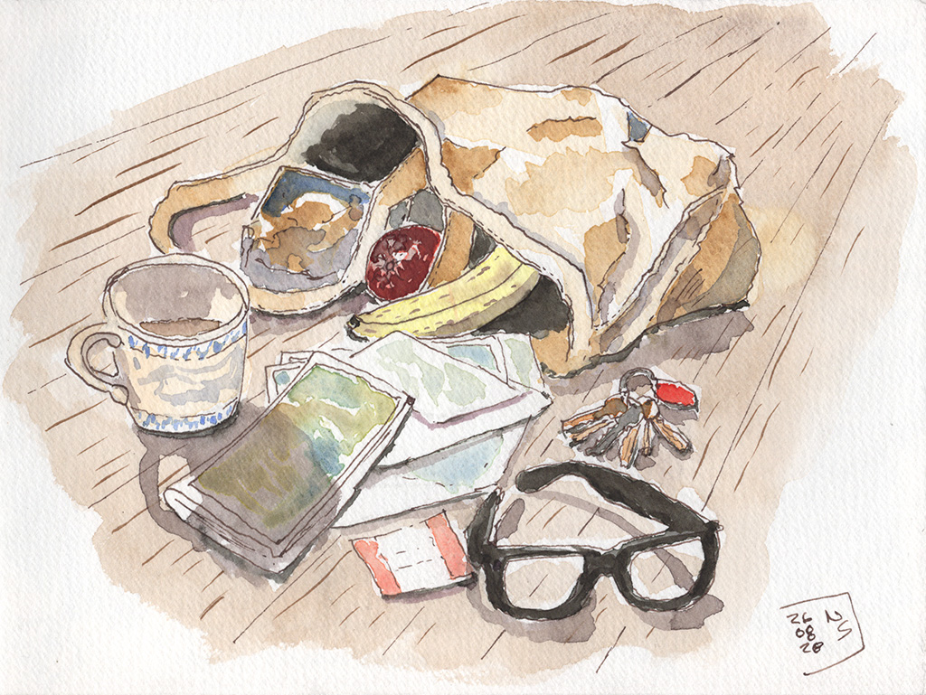 Ink and watercolor still life of black glasses on a wooden table beside a mug, a notebook, a banana, keys, and a soft fabric bag.