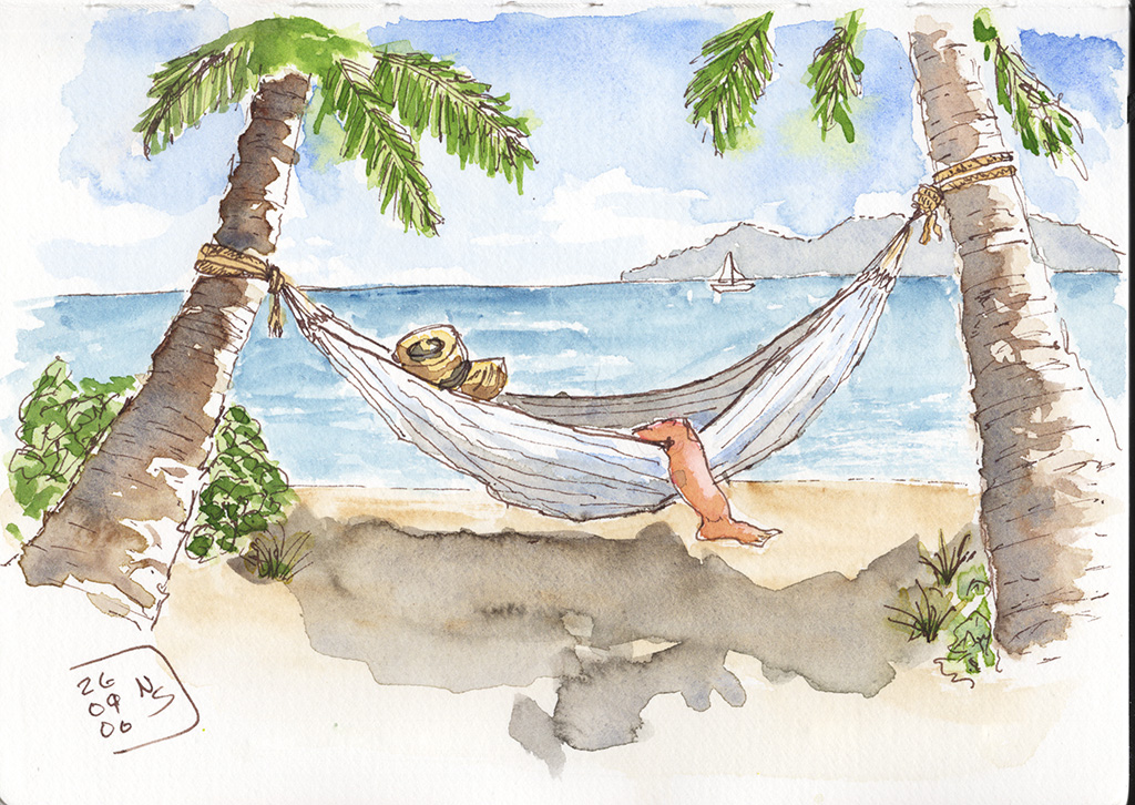 Ink and watercolor beach scene with a hammock tied between two palm trees, a person wearing a straw hat resting in it, leg hanging out of the hammock, blue water, a sailboat, and a mountainous island in the distance.