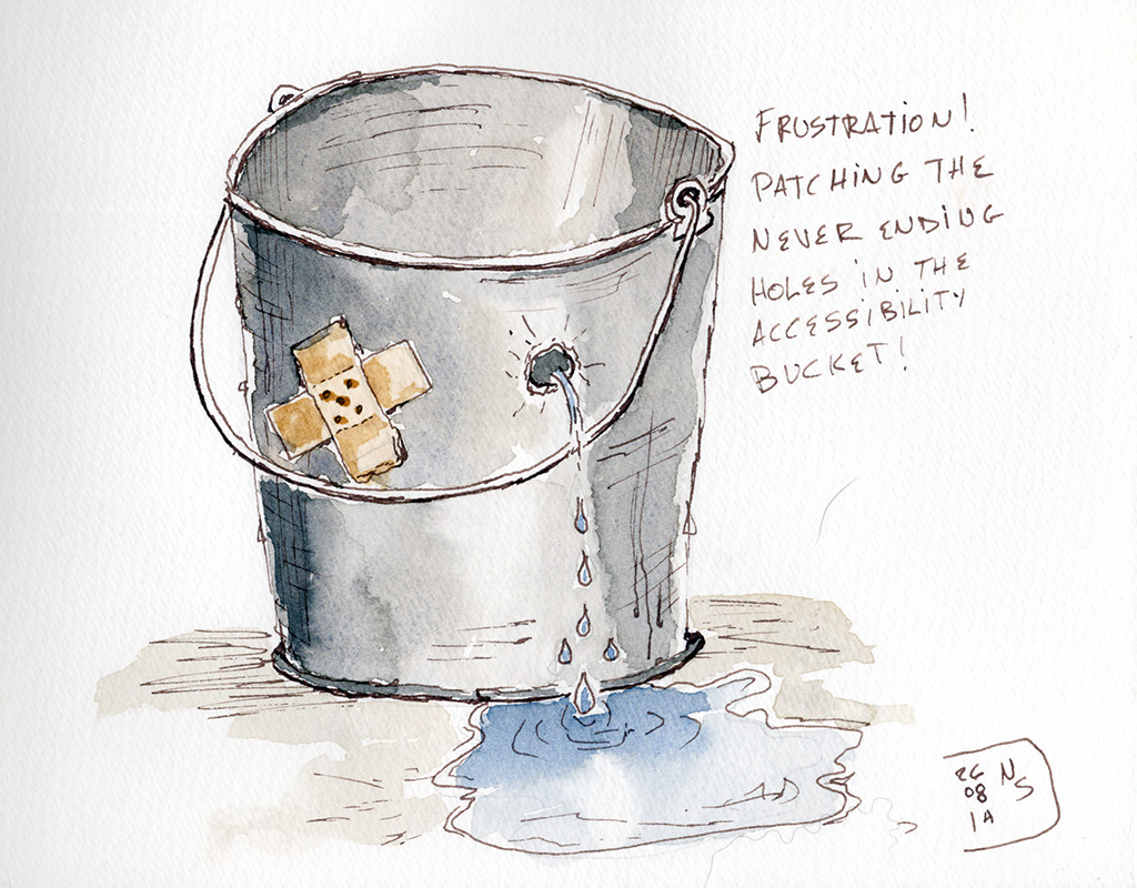Ink and watercolor illustration of a metal bucket with a patched hole still leaking water onto the floor from another hole; handwritten text says “Frustration! Patching the never-ending holes in the accessibility bucket!”