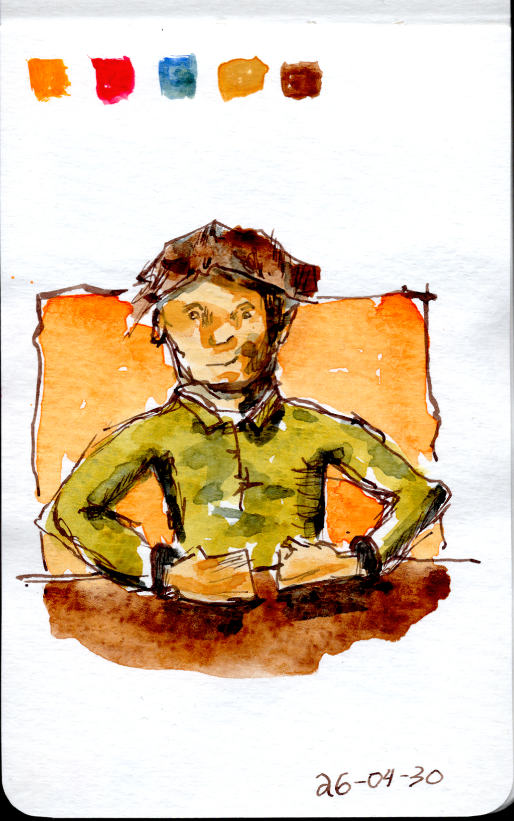 Ink and watercolor sketch of a boy. Viewed from the front, only his upper body is visible above a line. His hands are on the line, maybe a table? Bright orange background