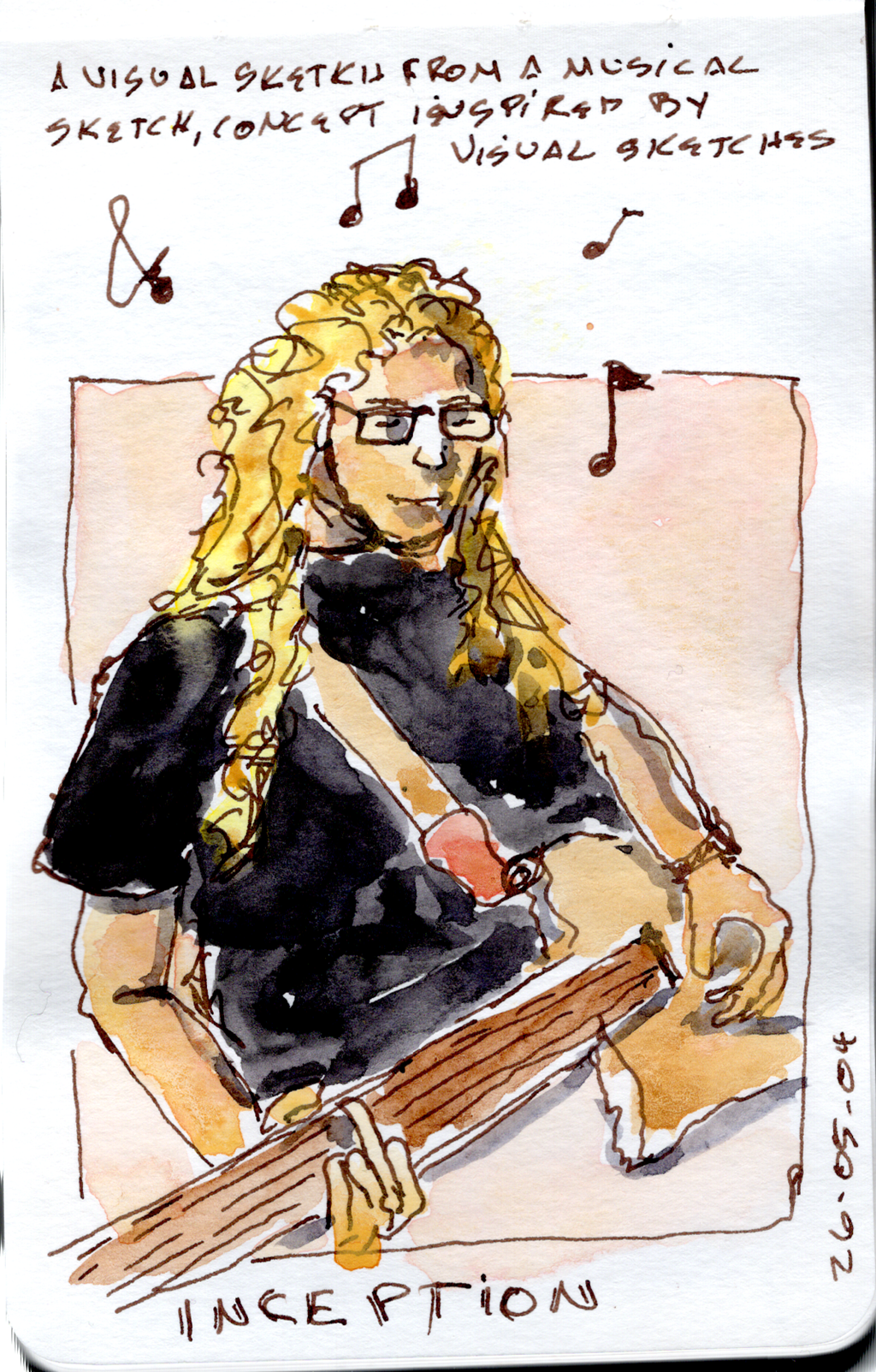 Ink and watercolor sketch of a guy playing the guitar. He has long hair. There are musical notes around his head. There is text on the page that say Inception, a visual sketch of a musical sketch, concept inspired by a visual sketch.