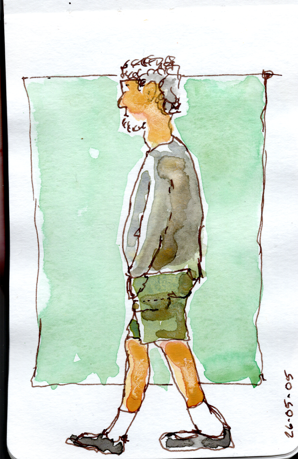 Ink and watercolor sketch of a guy walking. He has grey hair and a short grey beard. He's wearing a sweatshirt and cargo pants. Viewed from the side. Green background behind him.