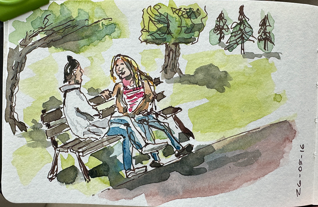Ink and watercolor sketch of two women sitting on a park bench. One is 3/4 away from us, facing the other woman on the bench. There are big trees nearby, and some conifers in the distance..